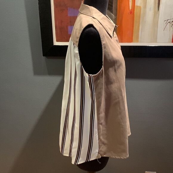 Mystree deep khaki tencel & stripe sleeveless shirt w/button front & back. NWT. - Picture 5 of 11
